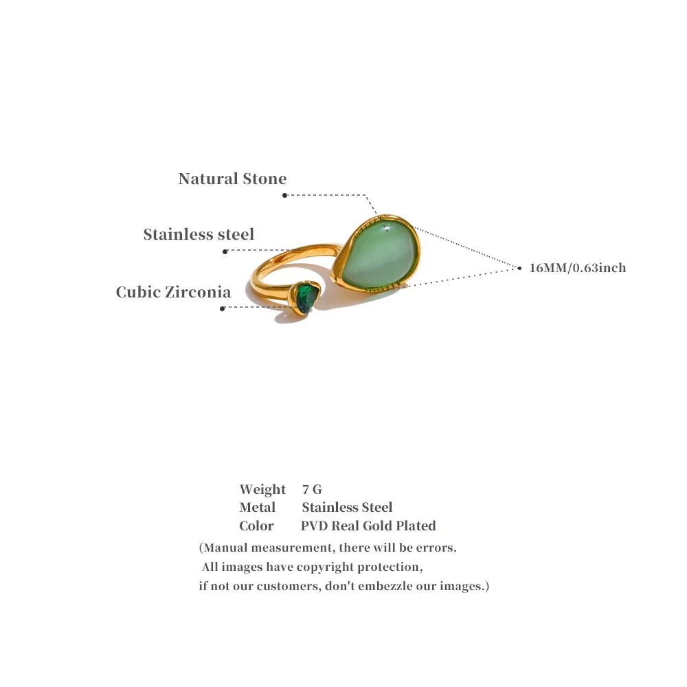 Green Stone Adjustable Ring – Gold Modern Statement Design