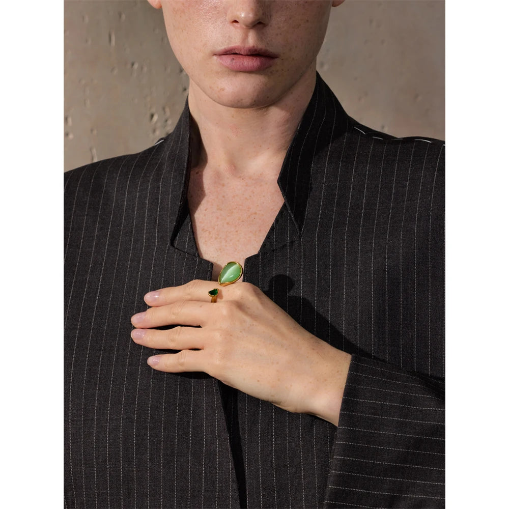 Green Stone Adjustable Ring – Gold Modern Statement Design