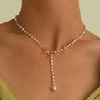 Midnight Bow Necklace – Black Beaded Y-Chain Pendant