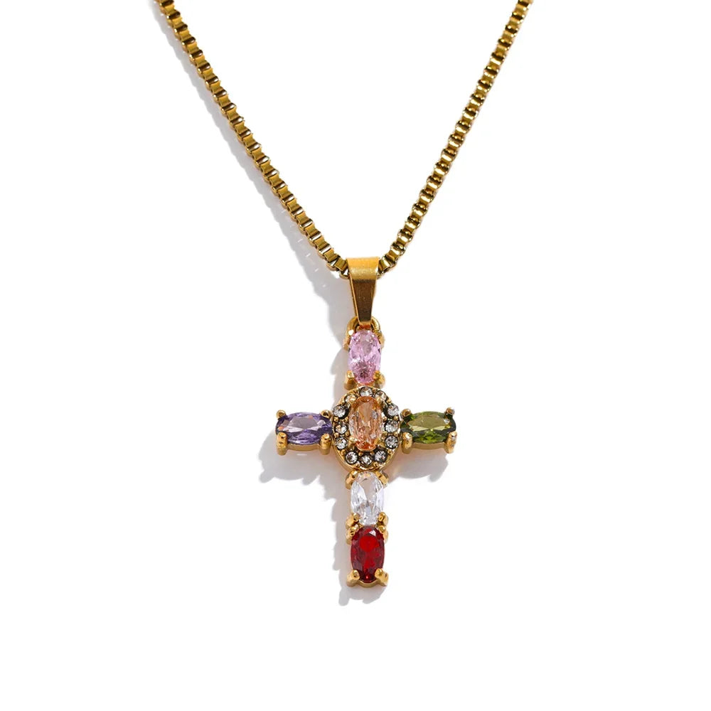 Colorful Cross Drop Pendant Necklace – Gold & Silver