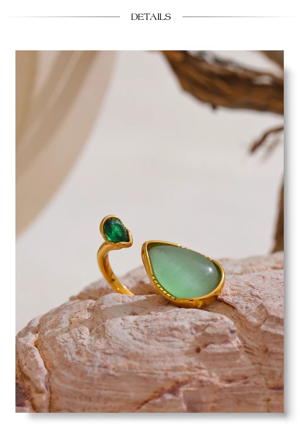 Green Stone Adjustable Ring – Gold Modern Statement Design