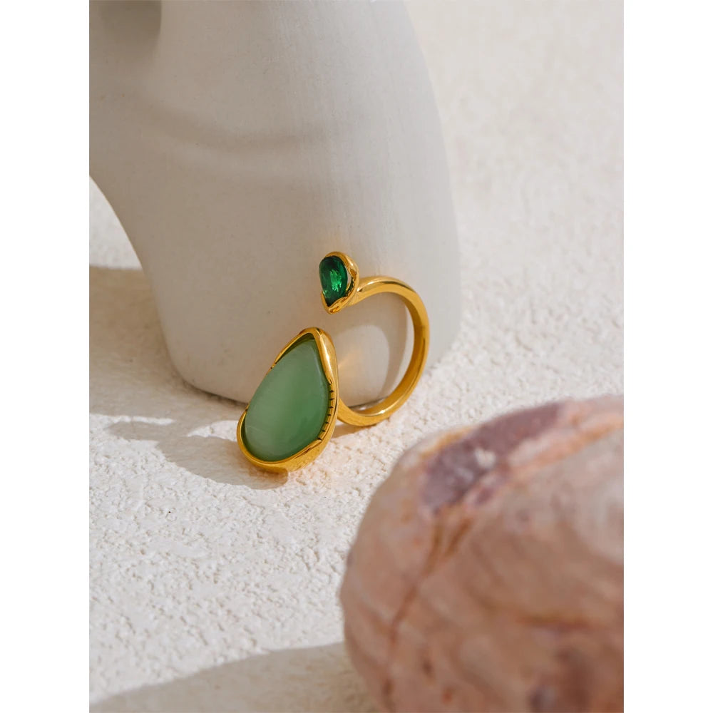 Green Stone Adjustable Ring – Gold Modern Statement Design