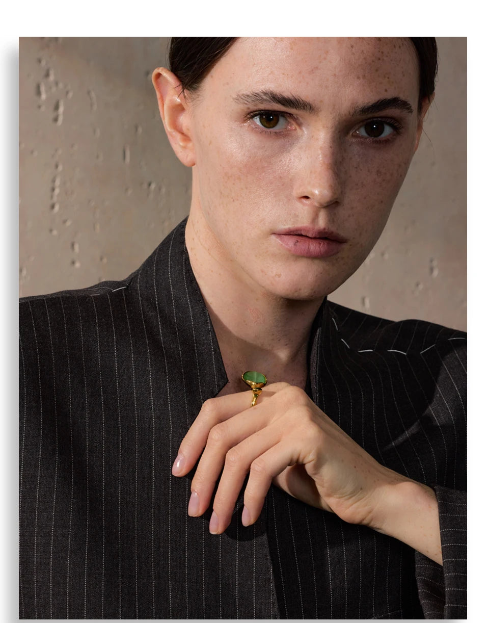 Green Stone Adjustable Ring – Gold Modern Statement Design