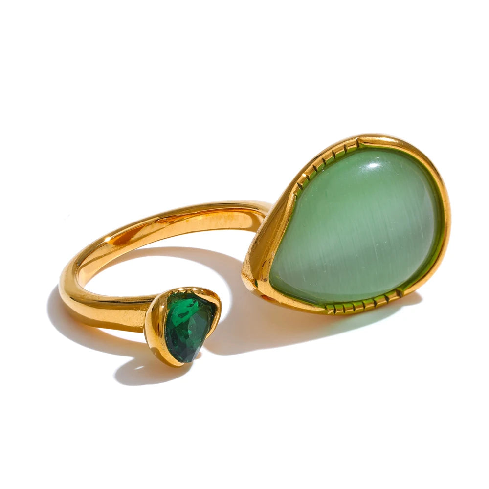 Green Stone Adjustable Ring – Gold Modern Statement Design