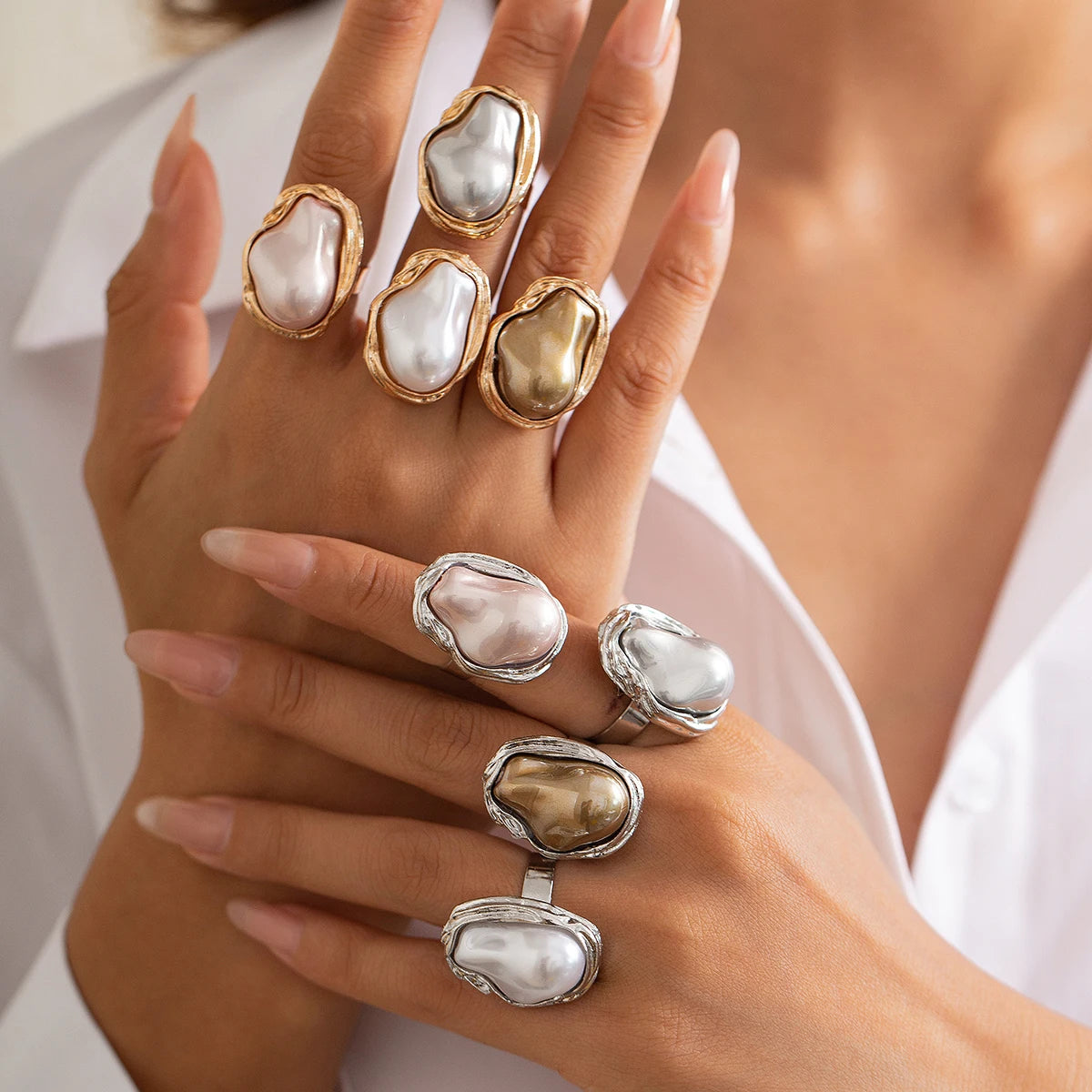 Baroque Pearl Adjustable Ring – Gold & Silver Statement Design