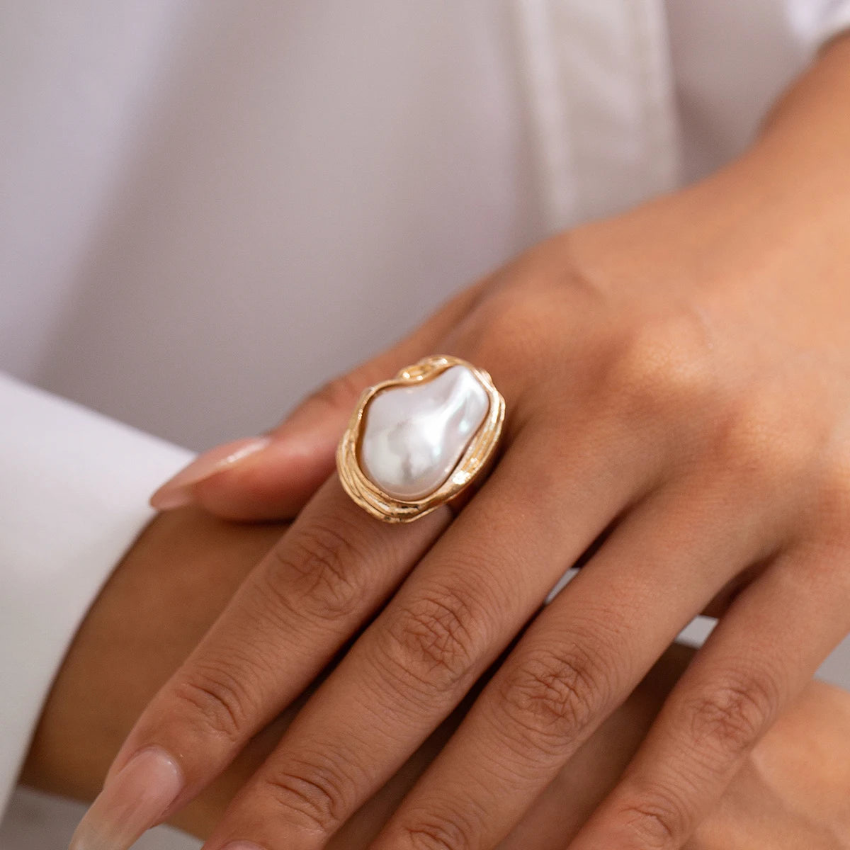Baroque Pearl Adjustable Ring – Gold & Silver Statement Design