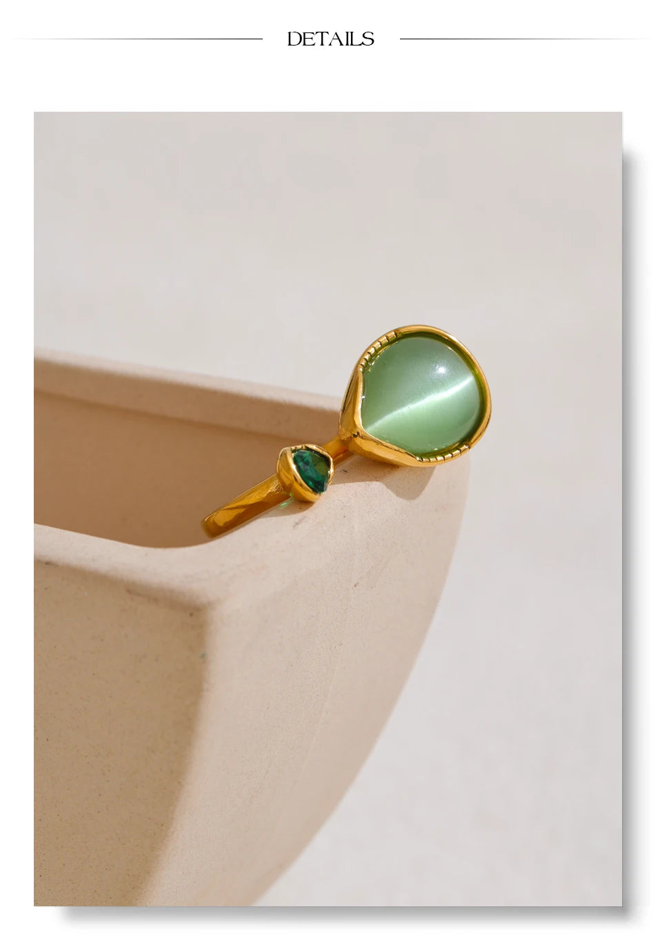 Green Stone Adjustable Ring – Gold Modern Statement Design