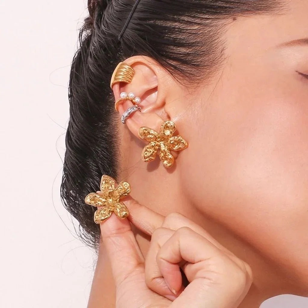 Golden Bloom Earrings – Textured Floral Statement Studs