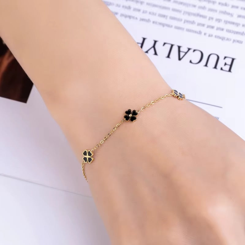 Midnight Clover Bracelet - Black Enamel Flower Chain Bracelet