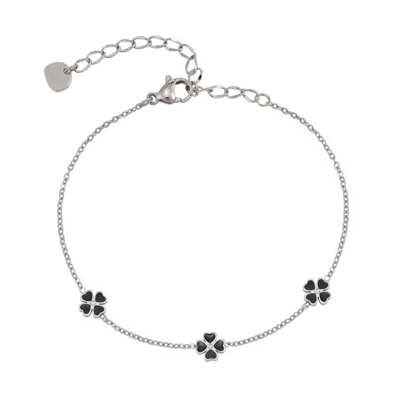 Midnight Clover Bracelet - Black Enamel Flower Chain Bracelet
