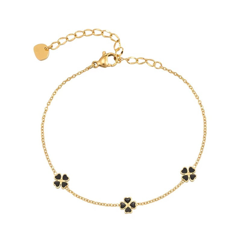 Midnight Clover Bracelet - Black Enamel Flower Chain Bracelet
